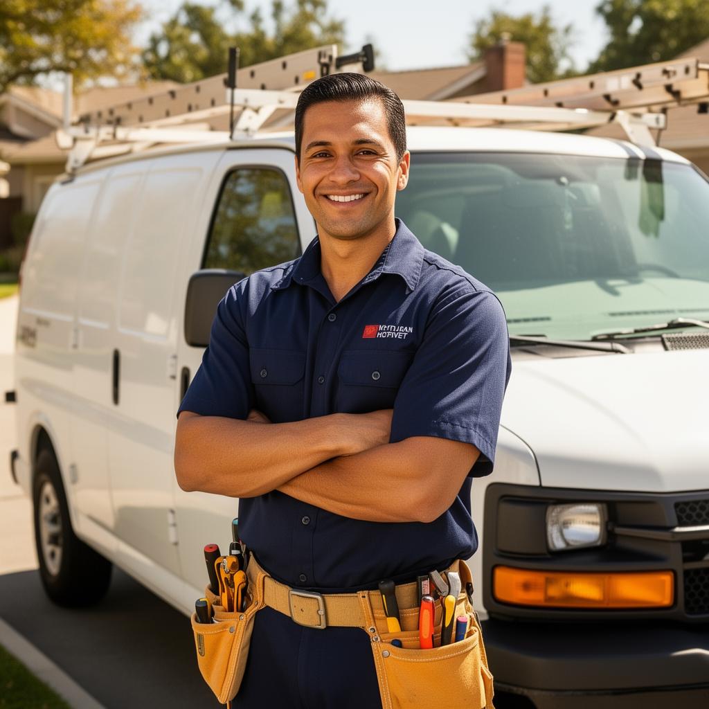 Smiling HVAC technician standing in front of a service van