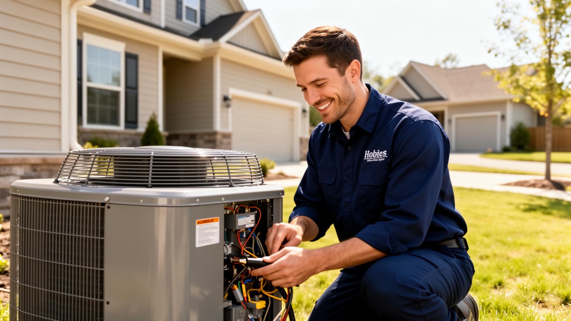 HVAC technician servicing an outdoor AC condenser unit beside a suburban home
